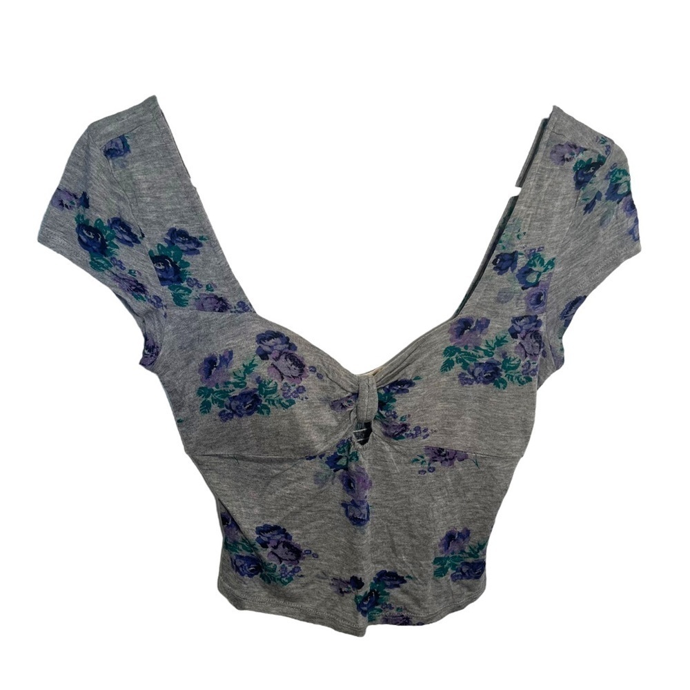 Pins and Needles Women's Size XS Cropped Top Gray Purple Floral Cut Out Smocked